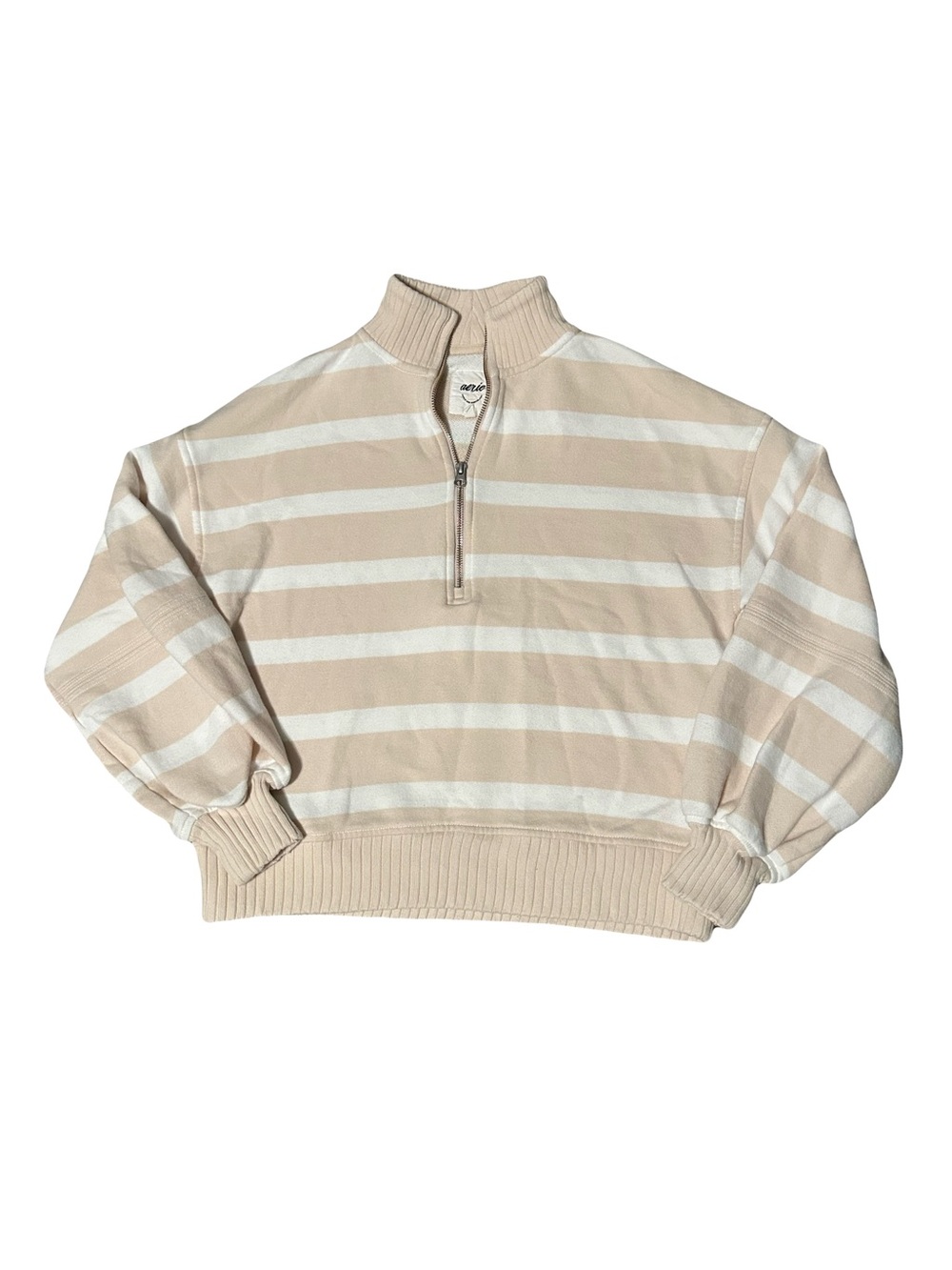 aerie Beige and White Striped Quarter-Zip Pullover